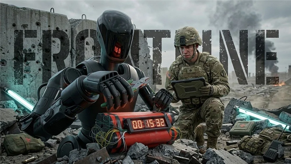 Un robot umanoid militar interacționează cu un soldat pe un teren de luptă distrus.