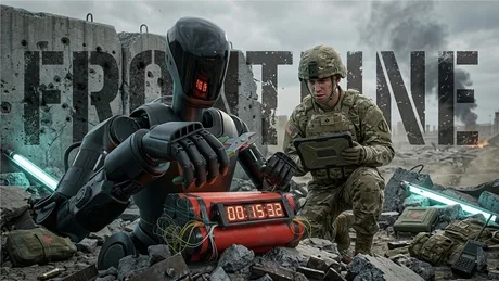 Un robot umanoid militar interacționează cu un soldat pe un teren de luptă distrus.