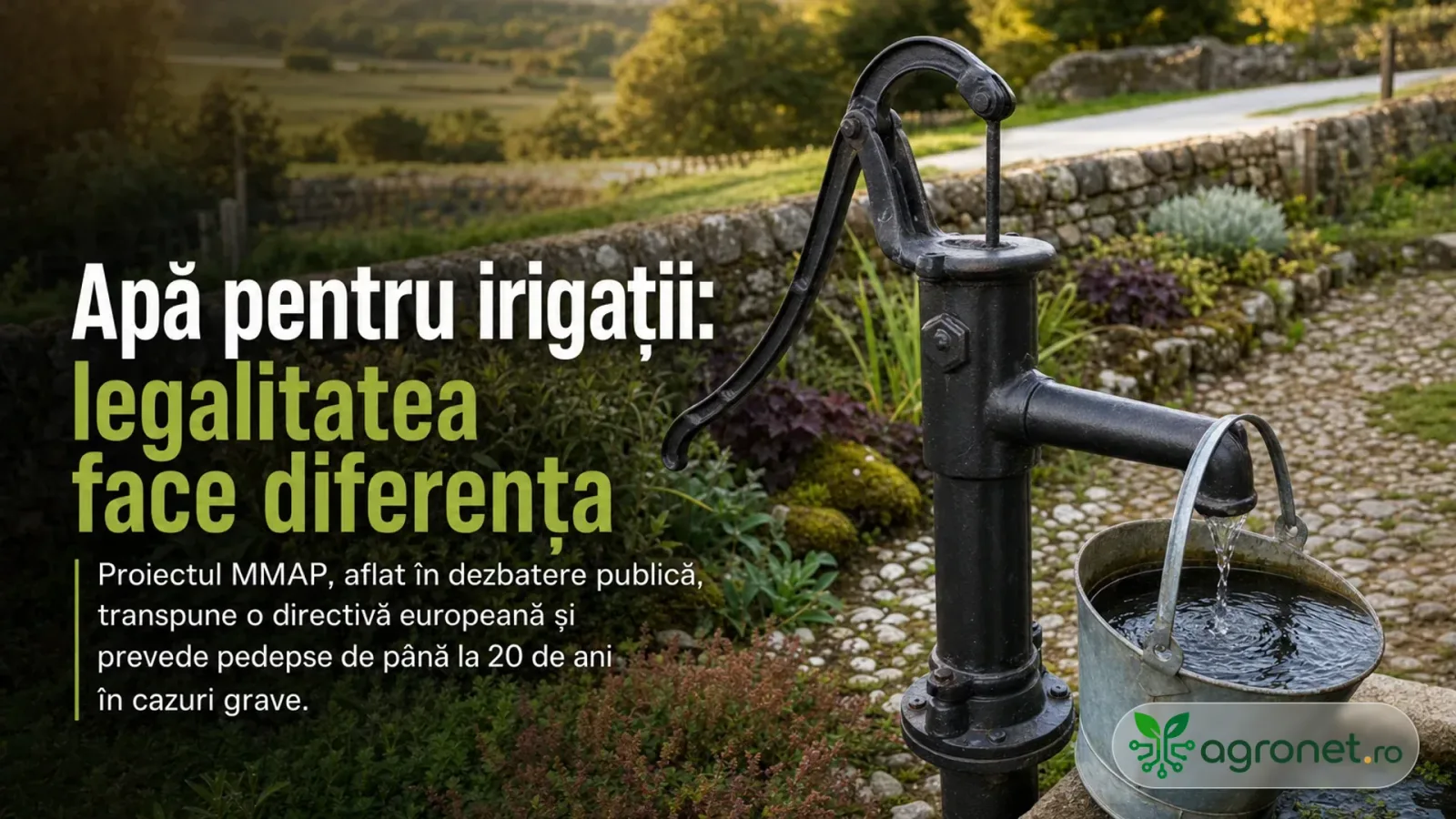 Captare de apă pentru irigații într-un peisaj rural din România.