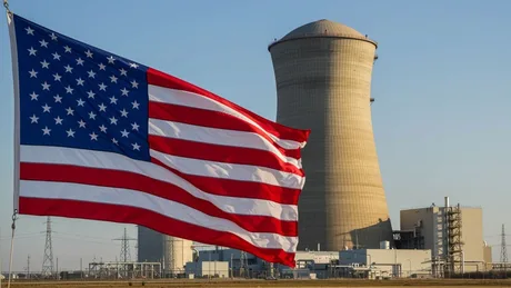 Steagul SUA fluturând lângă un reactor nuclear în construcție.