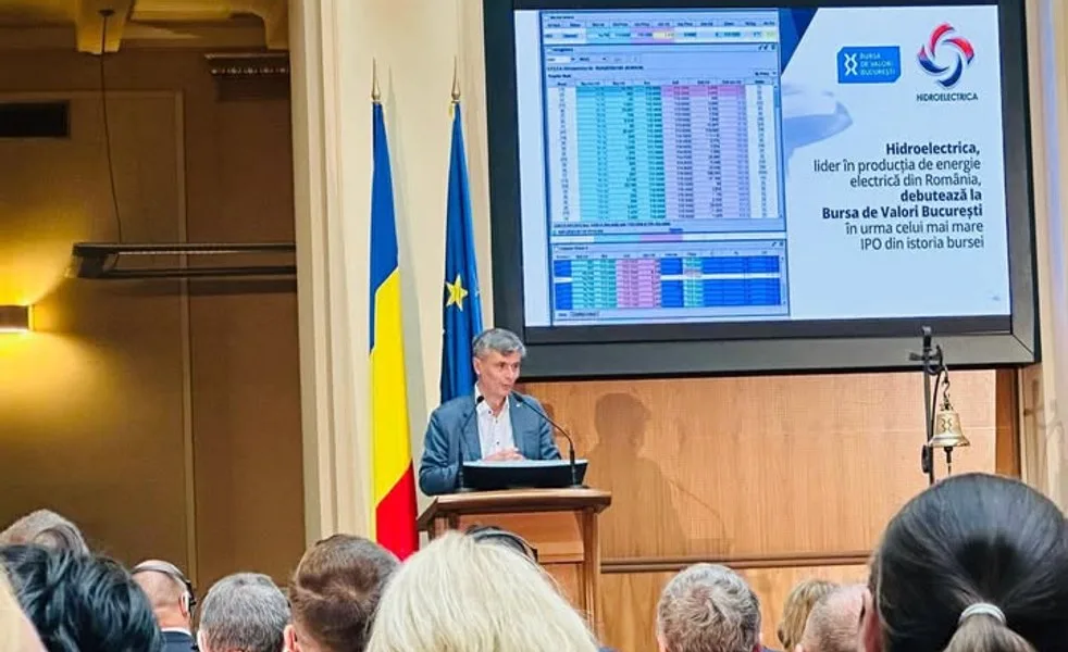 Virgil Popescu discutând despre succesul Hidroelectrica la Bursa de Valori București.