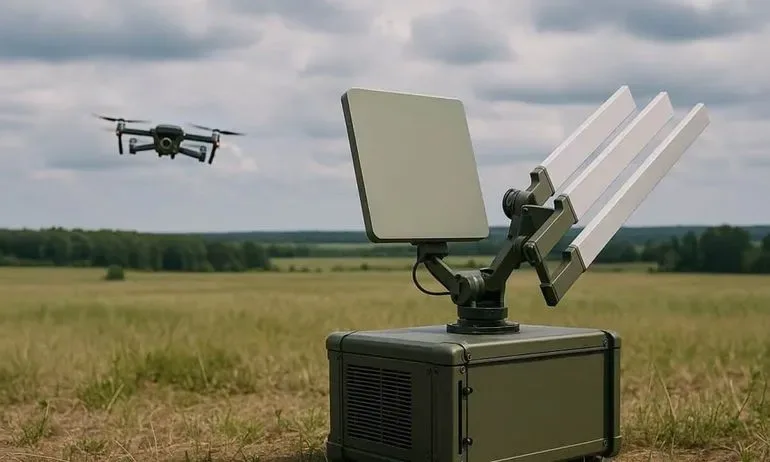 Sistem antidronă activ, pregătit pentru a detecta o dronă în zbor.