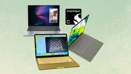 Dispozitive laptop cu Snapdragon C și Intel N250 pe un fundal colorat.