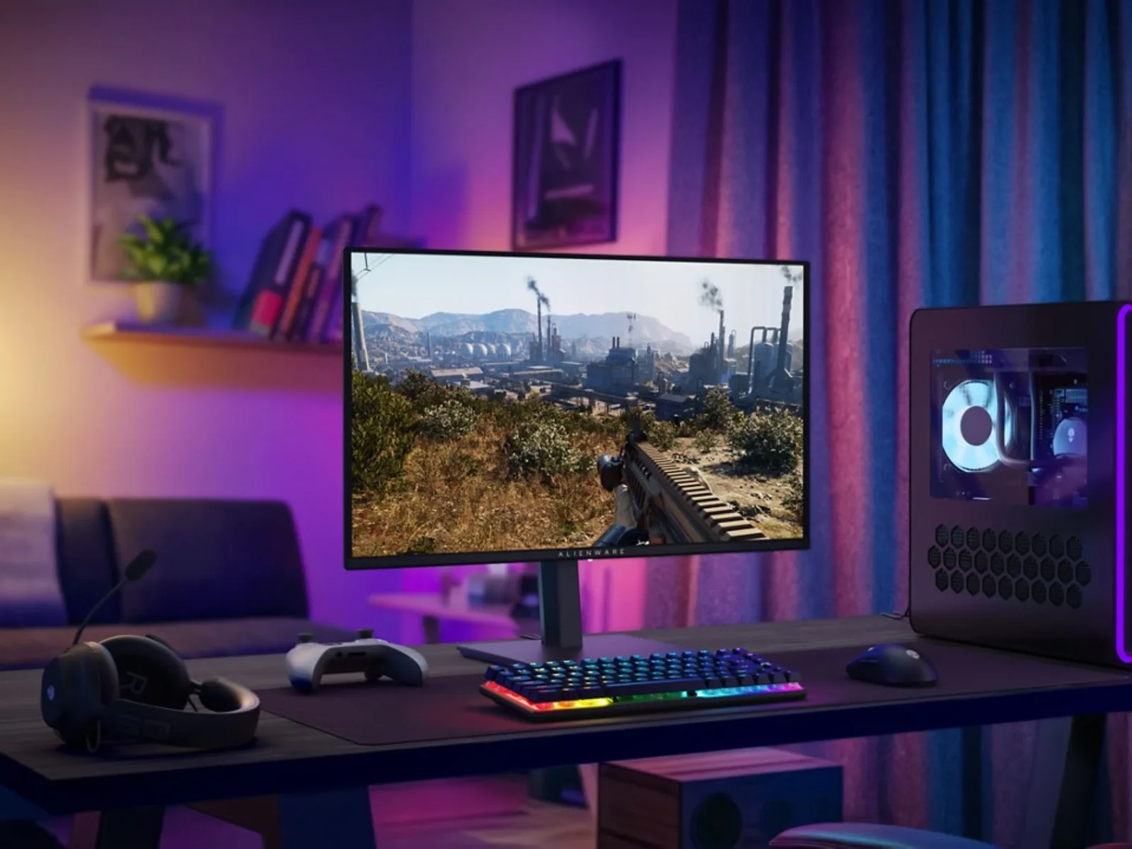 Monitor de gaming OLED de 27 inch pe birou, cu periferice de gaming.