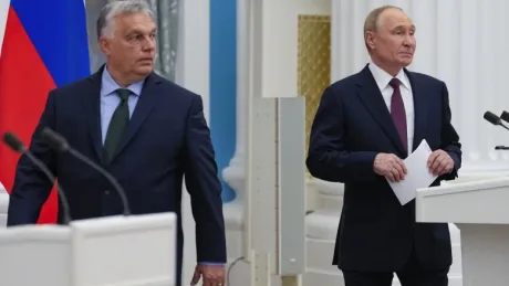 Viktor Orbán și Vladimir Putin la o conferință de presă în Kremlin.