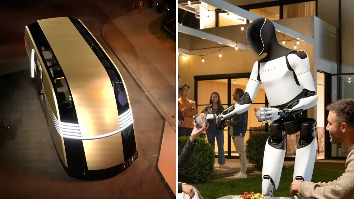 Randări ale proiectului Terafab din Texas, cu Optimus și Robovan în acțiune.