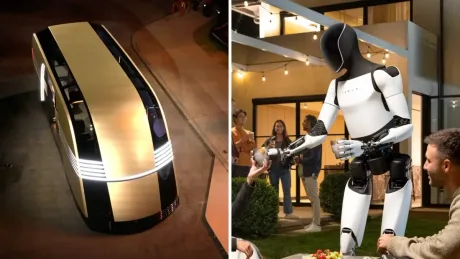 Randări ale proiectului Terafab din Texas, cu Optimus și Robovan în acțiune.