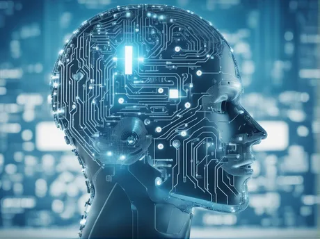 Un cap uman stilizat, realizat din circuite electrice și lumini, simbolizând inteligența artificială.