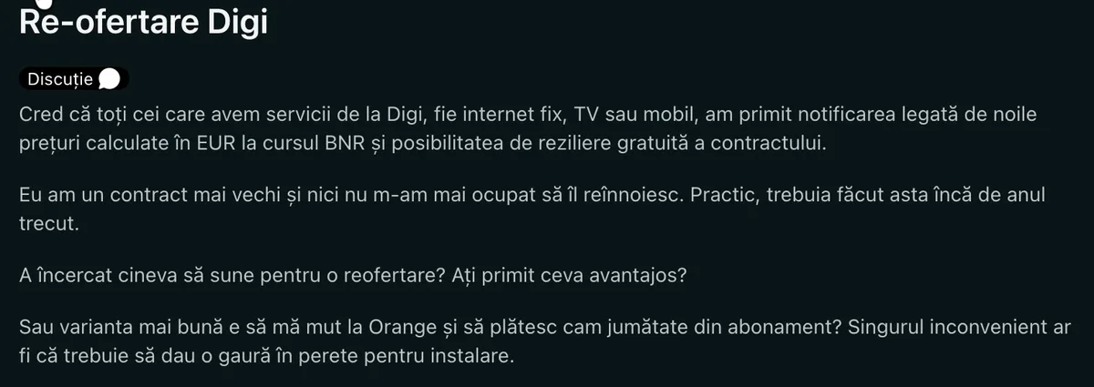 Discuție despre reofertare Digi și alternativele disponibile.