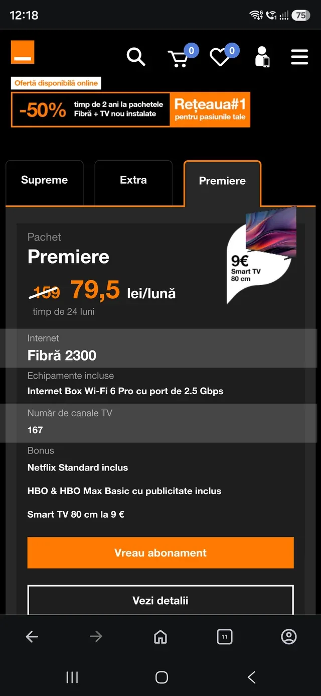 Pachet de internet și televiziune oferit de Orange.