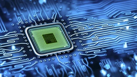 Cip avansat pe un circuit electronic, simbolizând inovația tehnologică în UE.