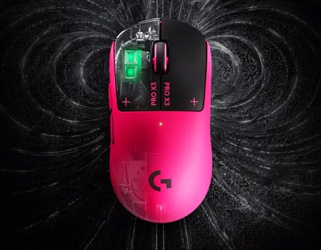 Mouse de gaming Logitech G Pro X3 Superstrike în nuanțe de roz, cu detalii tehnice vizibile.