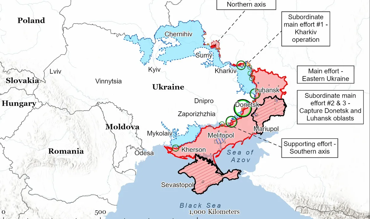 Harta Ucrainei evidențiind zonele de conflict și avansurile militare recente.