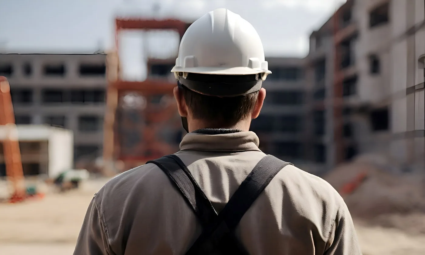 Un muncitor pe șantier, observând lucrările de construcție.