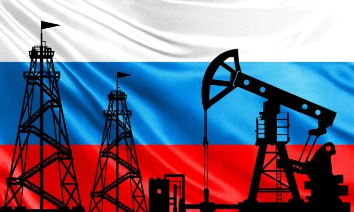 Flacăra simbolică a industriei petroliere rusești pe fundalul steagului național.