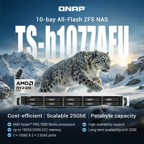 Dispozitiv NAS QNAP cu capacitate mare și procesor AMD Ryzen.