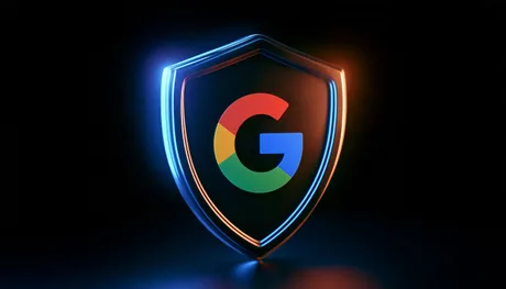 Logo-ul Google pe un fundal întunecat, iluminat de lumini colorate.