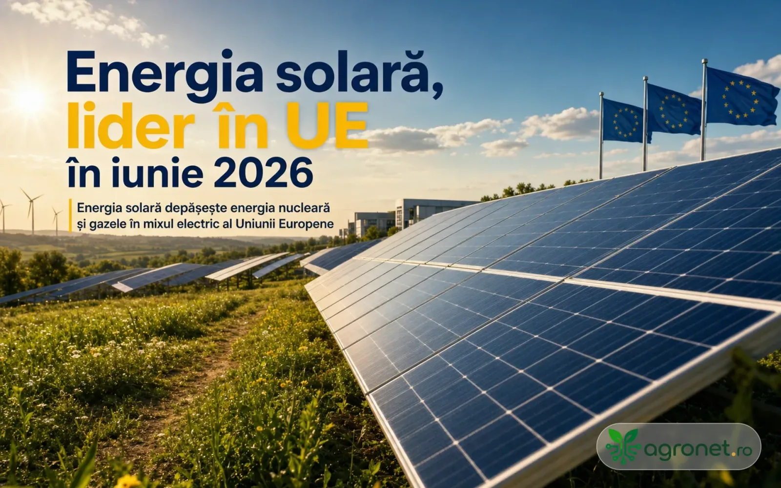 Panouri solare pe câmp, simbolizând creșterea energiei verzi în UE.