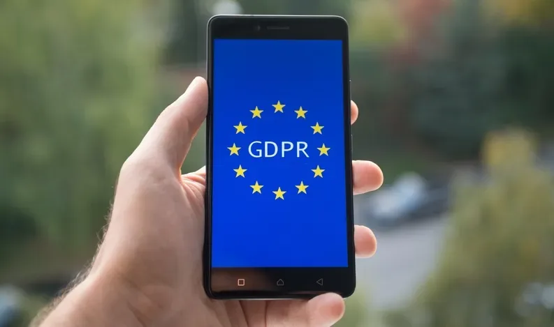 Un telefon mobil afișează logo-ul GDPR pe un fundal verde.