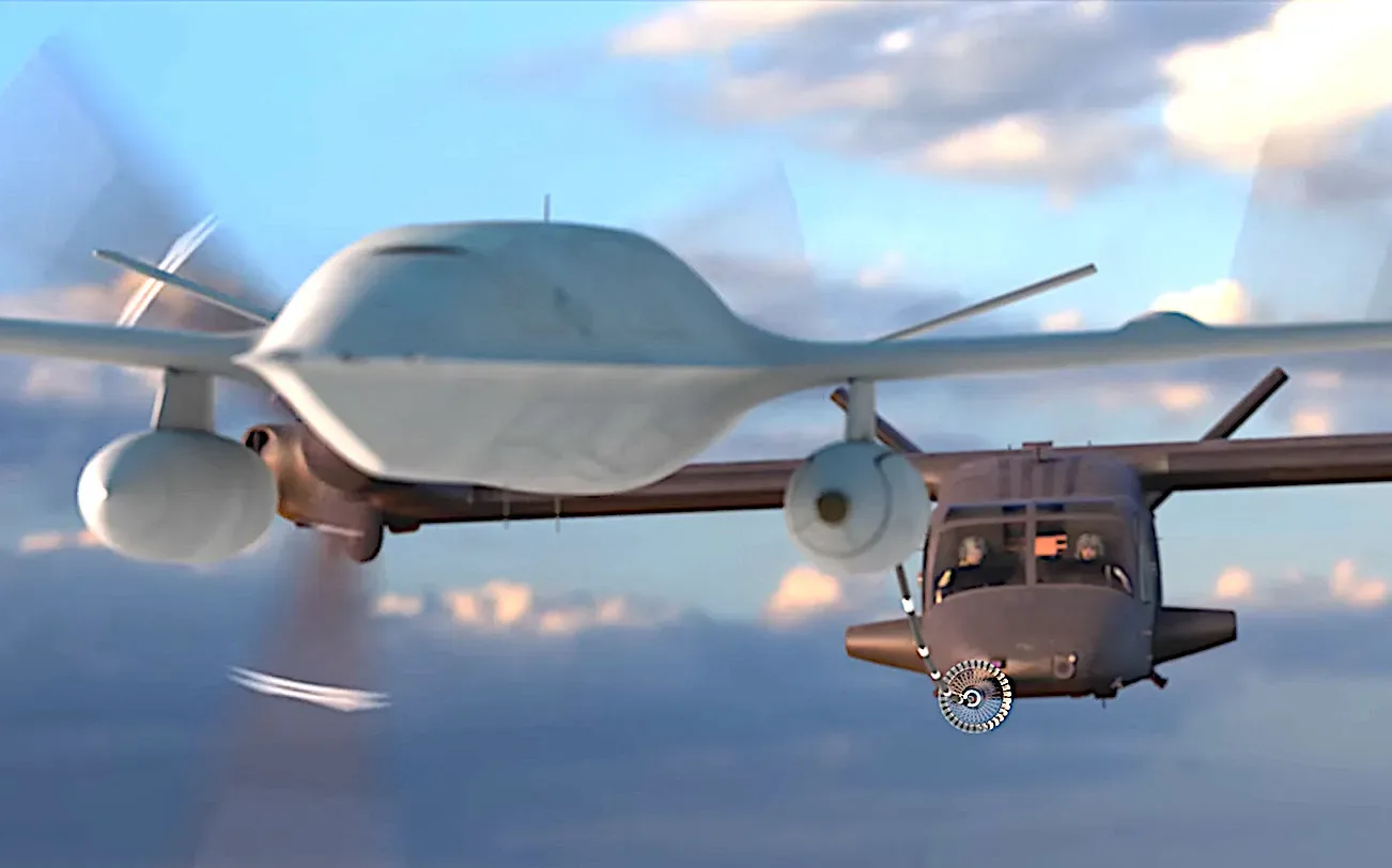 Dronă-cisternă în zbor, sprijinind realimentarea tiltrotorilor MV-75A.