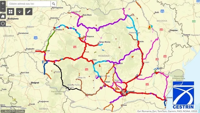 Harta rețelei de autostrăzi din România, evidențiind proiectele în curs de dezvoltare.
