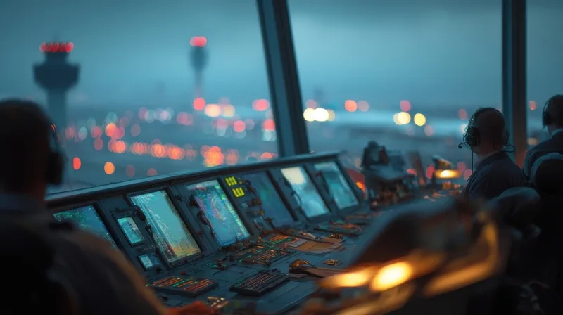 Controlorii de trafic aerian monitorizează zborurile într-un turn de control modern.