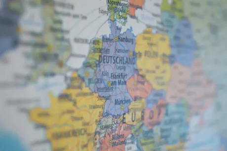 Hartă a Europei cu accent pe Germania și țările vecine.