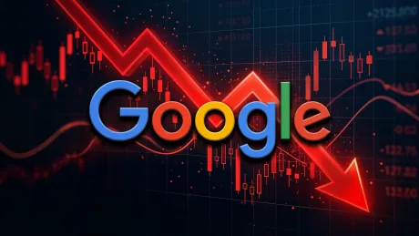 Logo-ul Google pe un fundal cu grafice de scădere a acțiunilor.