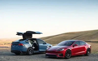 Două modele Tesla parcate pe un câmp deschis, sub un cer senin.