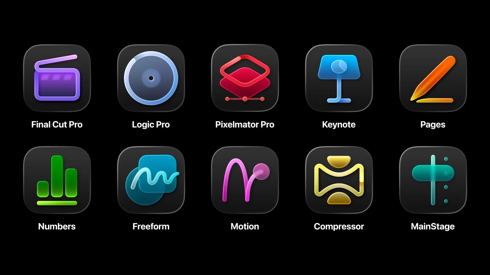 Logo-uri ale aplicațiilor Apple pentru editare video și design grafic.