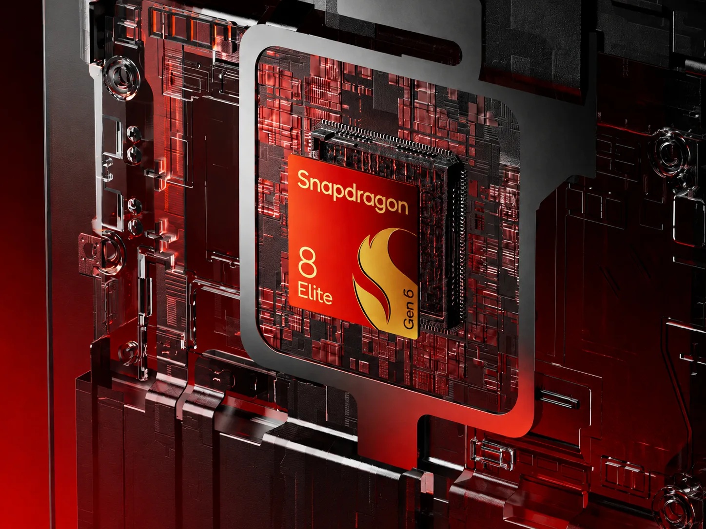 Detaliu al unui cip Snapdragon 8 Elite Gen 6 pe un fundal roșu.