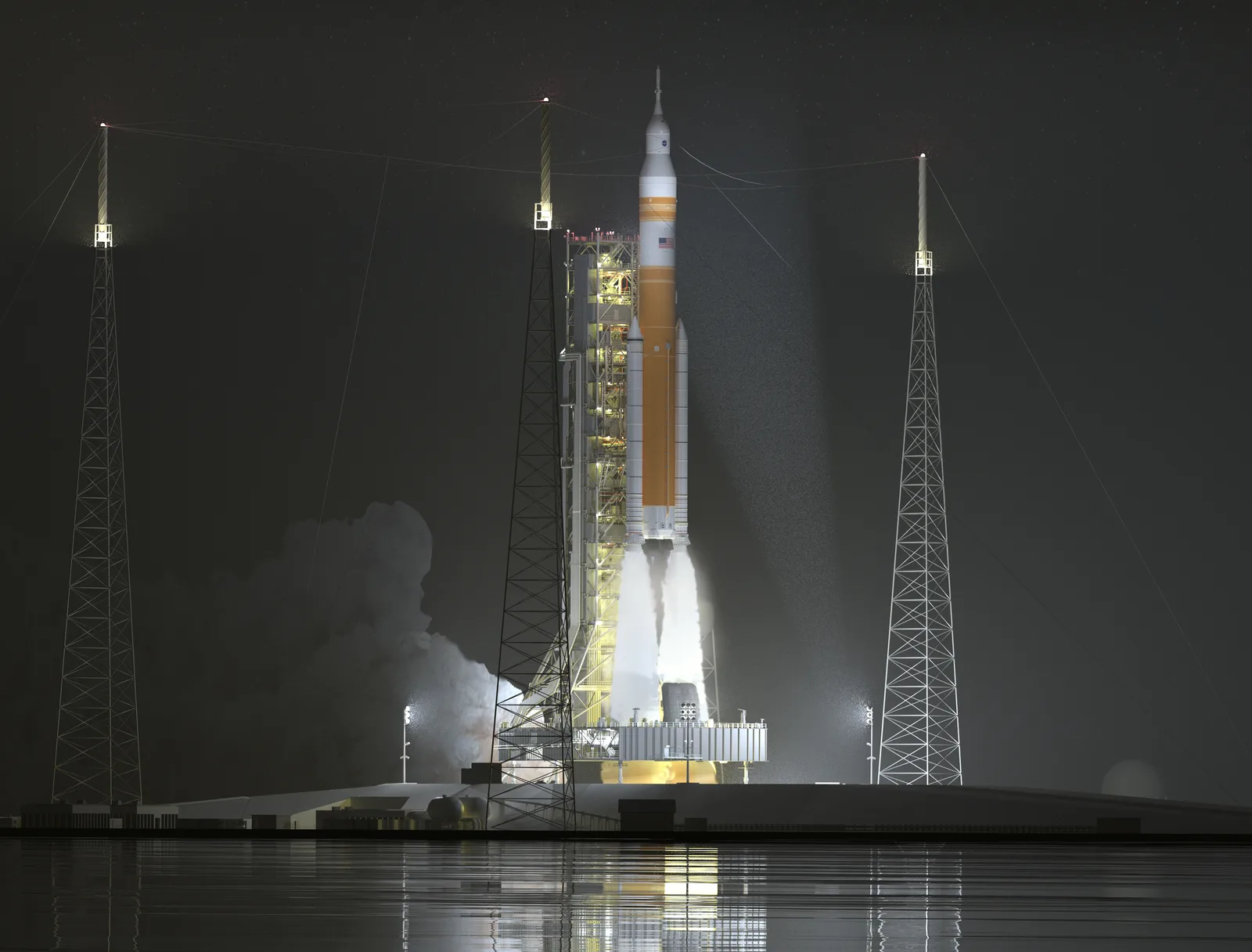 Rachetă pregătită pentru lansare, simbol al misiunilor Artemis ale NASA.
