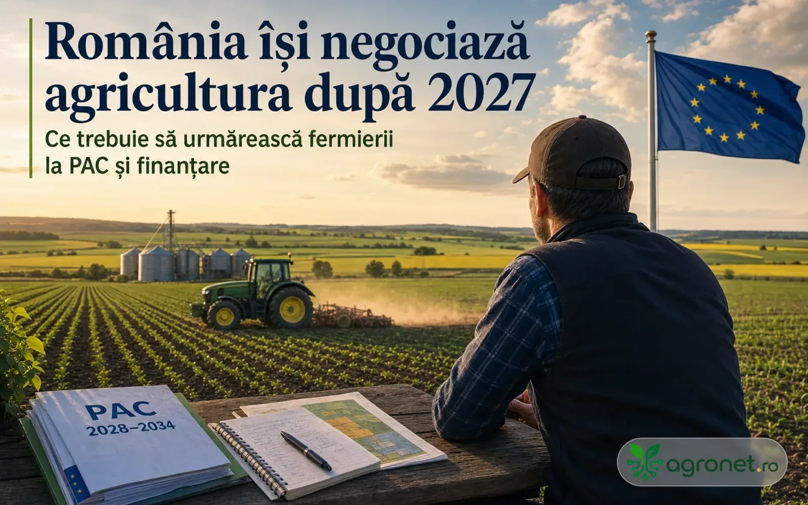 Peisaj agricol din România, cu un tractor și câmpuri verzi sub cerul senin.
