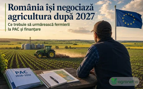 Peisaj agricol din România, cu un tractor și câmpuri verzi sub cerul senin.