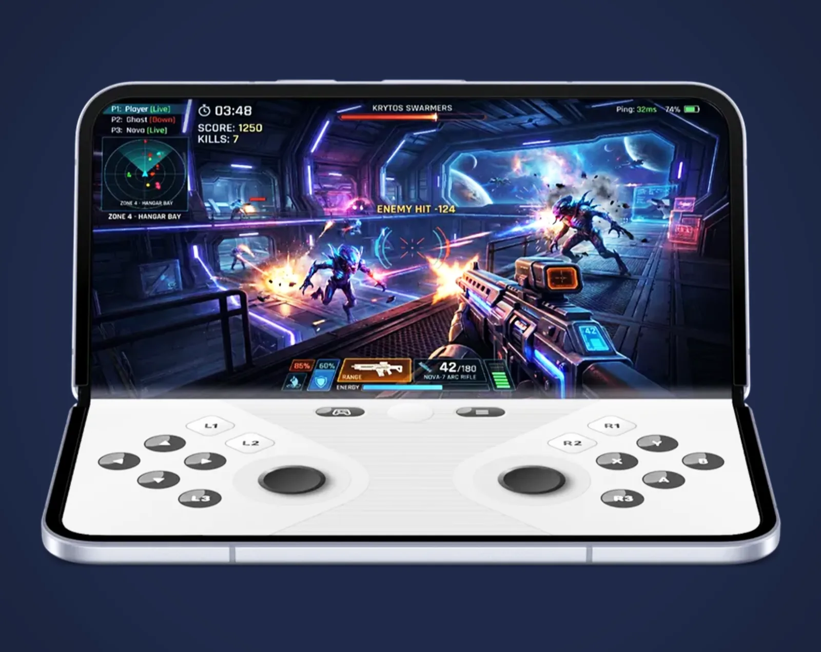 Un telefon pliabil cu un mod de gaming activat, arătând un joc pe ecran.