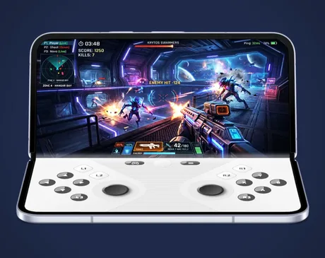 Un telefon pliabil cu un mod de gaming activat, arătând un joc pe ecran.