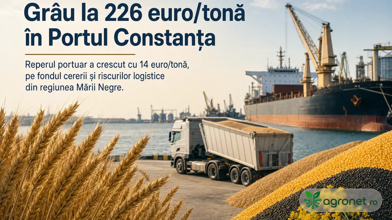 Grâul de panificație ajunge la 226 euro/tonă în Portul Constanța, dar costurile de transport afectează venitul fermierilor.