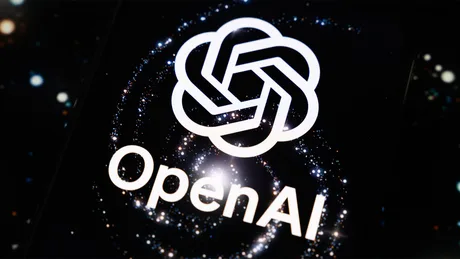 Logo OpenAI pe un fundal cosmic, simbolizând inovația în inteligența artificială.