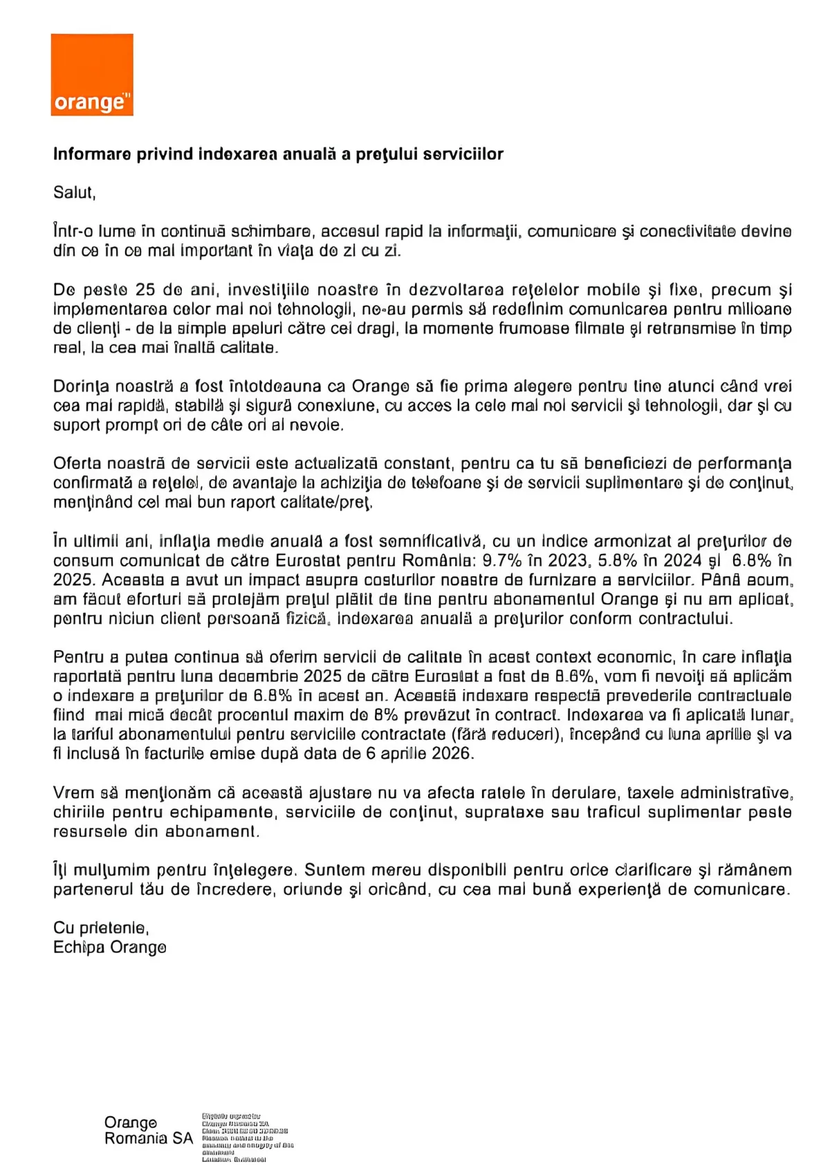 Informare oficială despre scumpirea abonamentelor Orange România