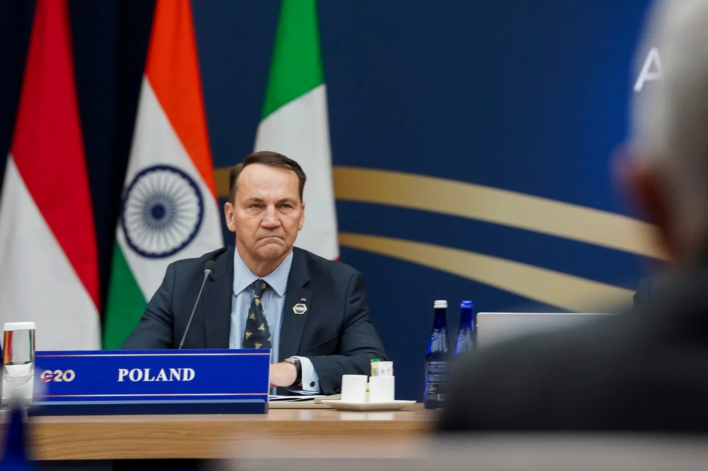 Radoslaw Sikorski la o reuniune G20, discutând despre statutul Poloniei.