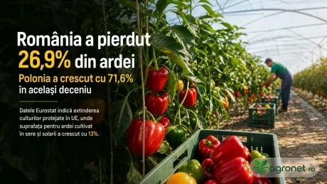 Ardei proaspeți recoltați din sere, evidențiind schimbările din agricultura românească.