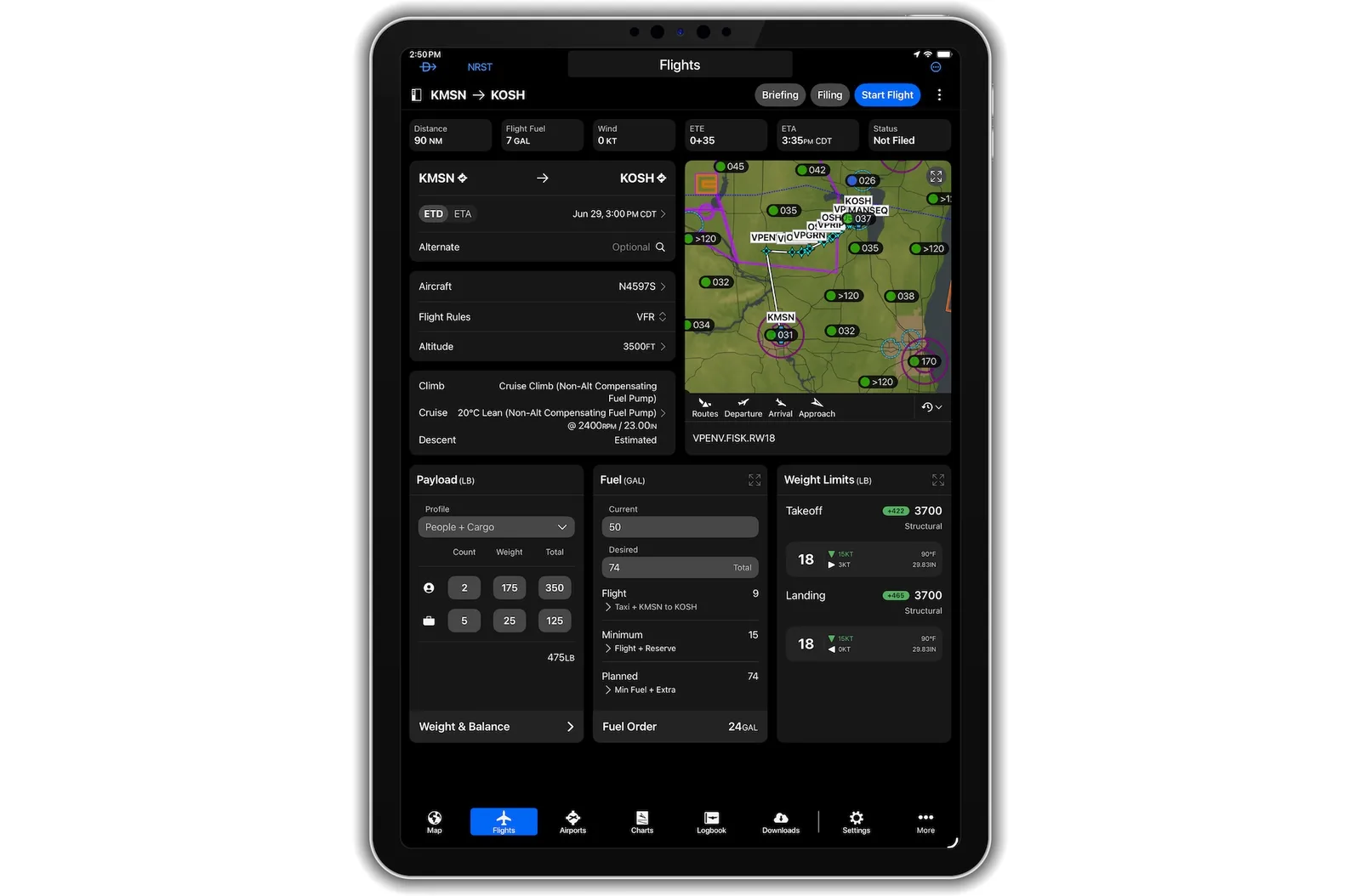 Noua interfață Garmin Pilot pentru planificarea zborurilor pe iPad.