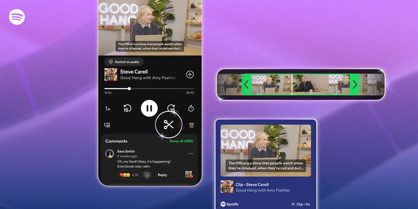 Noua funcție Spotify permite salvarea și partajarea clipurilor din podcasturi.