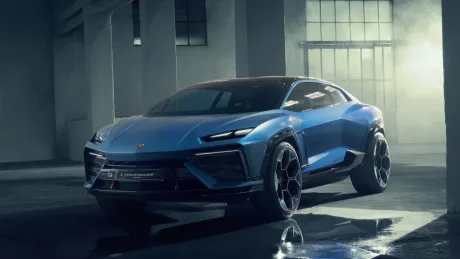 Lamborghini Lanzador, un hibrid modern, în lumini dramatice, evidențiind designul său futurist.