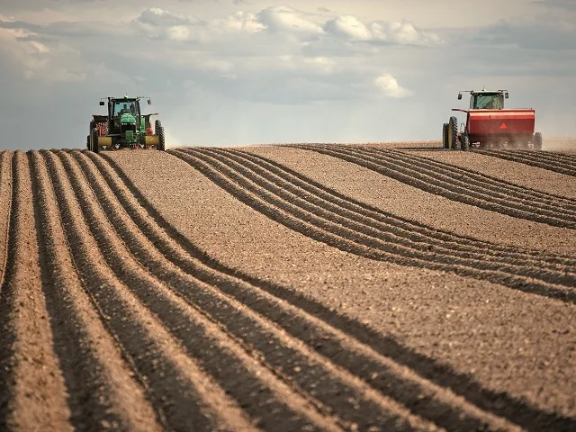 Tractoare lucrând pe un câmp pregătit pentru agricultură.