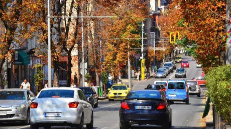 Stradă din Bulgaria cu frunze căzute și mașini parcate pe ambele părți.