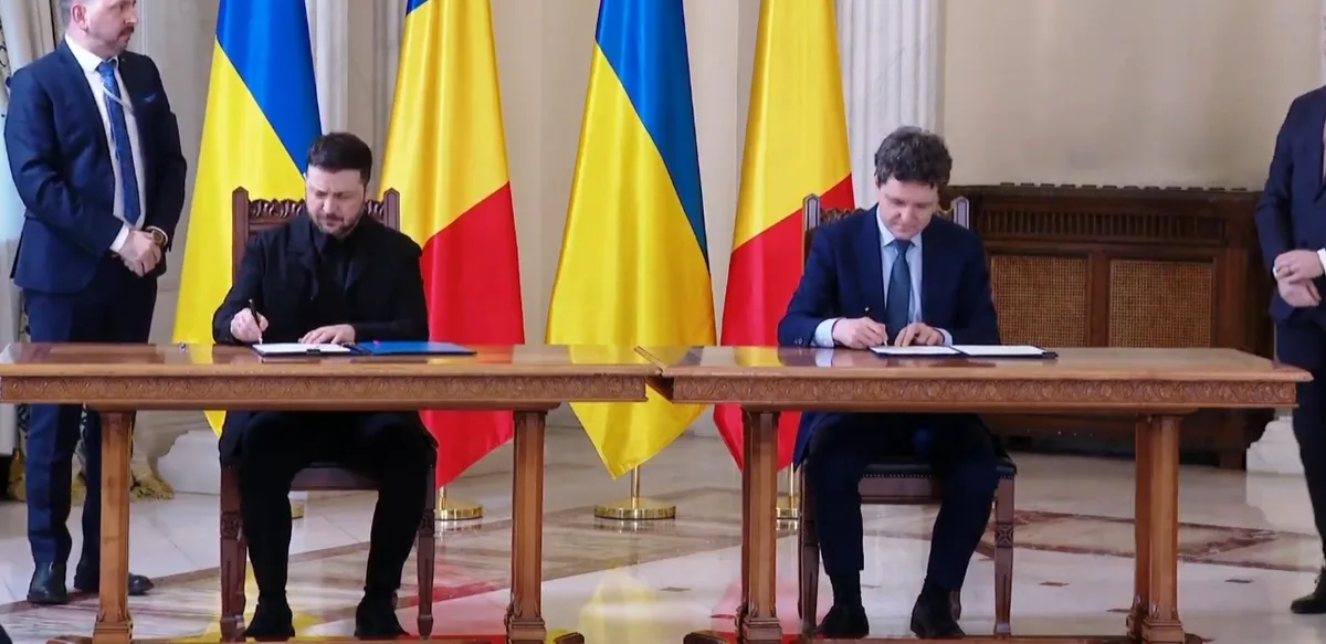Semnarea acordului româno-ucrainean pentru producția de drone la Palatul Cotroceni.