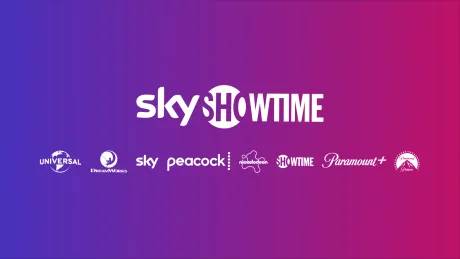 Logo-ul SkyShowtime pe un fundal colorat, simbolizând extinderea serviciului de streaming.
