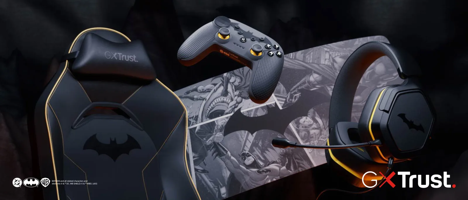 Echipamente de gaming inspirate de Batman, inclusiv scaun și căști personalizate.