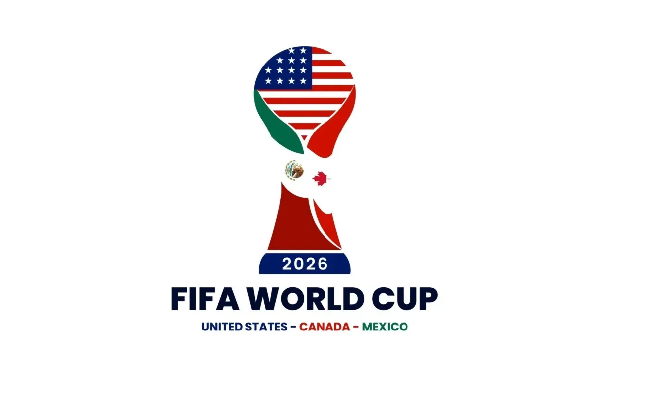 Logo-ul Cupei Mondiale 2026 cu steagurile SUA, Mexic și Canada.